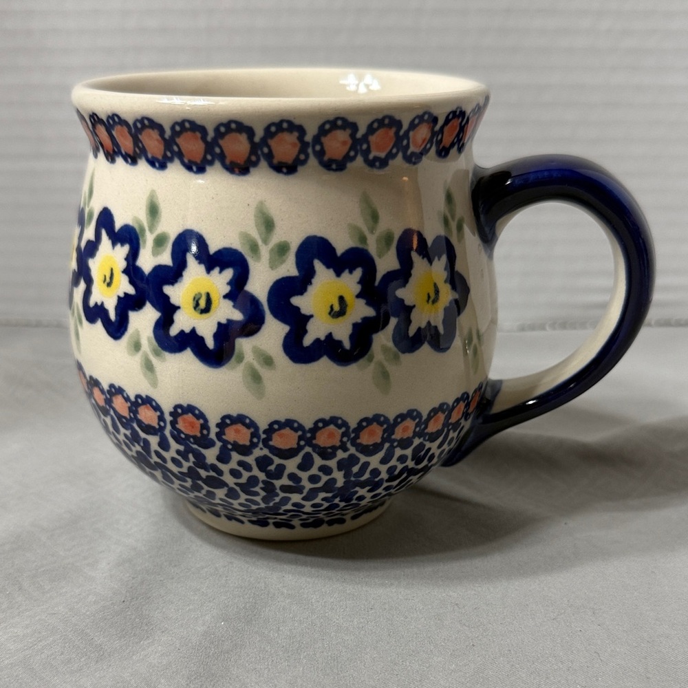 Polish Pottery Bubble Coffee Mug Handmade Floral Stoneware Blue & Yellow Flowers